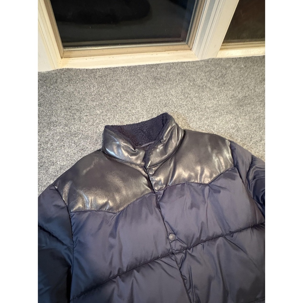 Lucky Brand Jacket Mens Medium Navy Puffer Quilted Faux Leather Yoke Snap Front - Picture 2 of 11